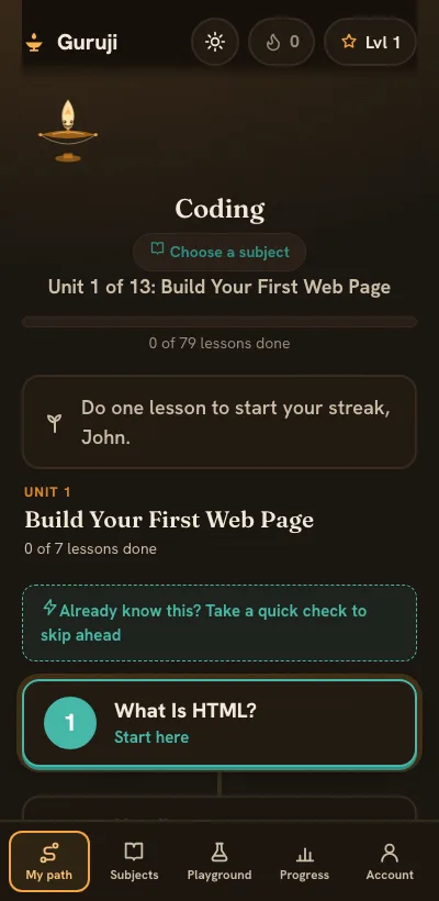Guruji on a phone in dark mode, showing the glowing diya and the lesson path.